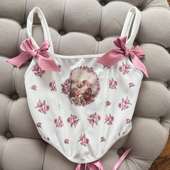 White Floral Corset Top with Pink Ribbon Bows - Picture 2 of 3